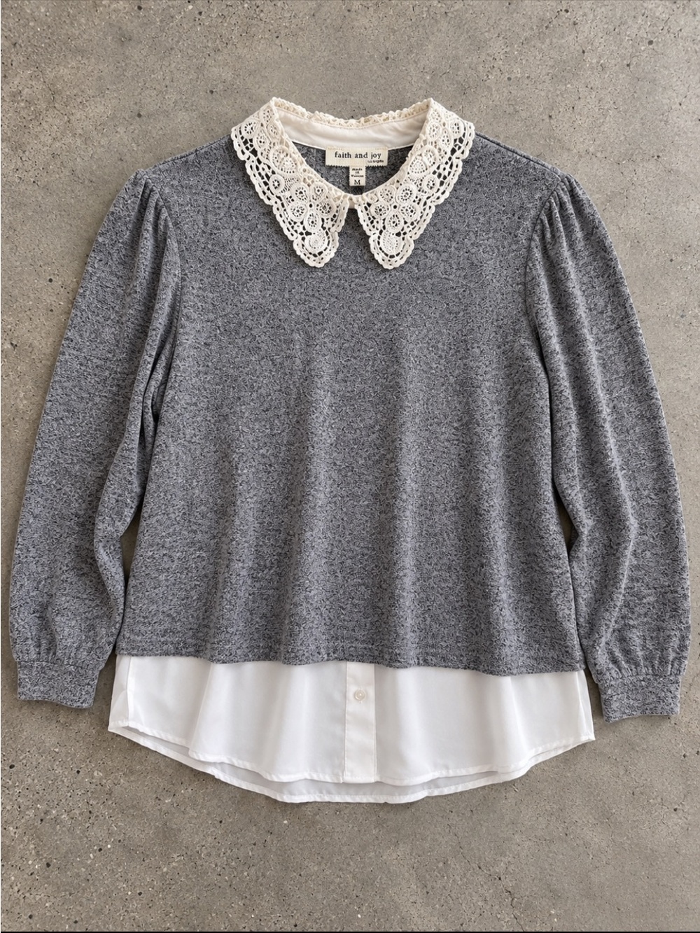Faith and Joy Layered Lace Collar Blouse Woman Medium Gray White Peter Pan Twee
